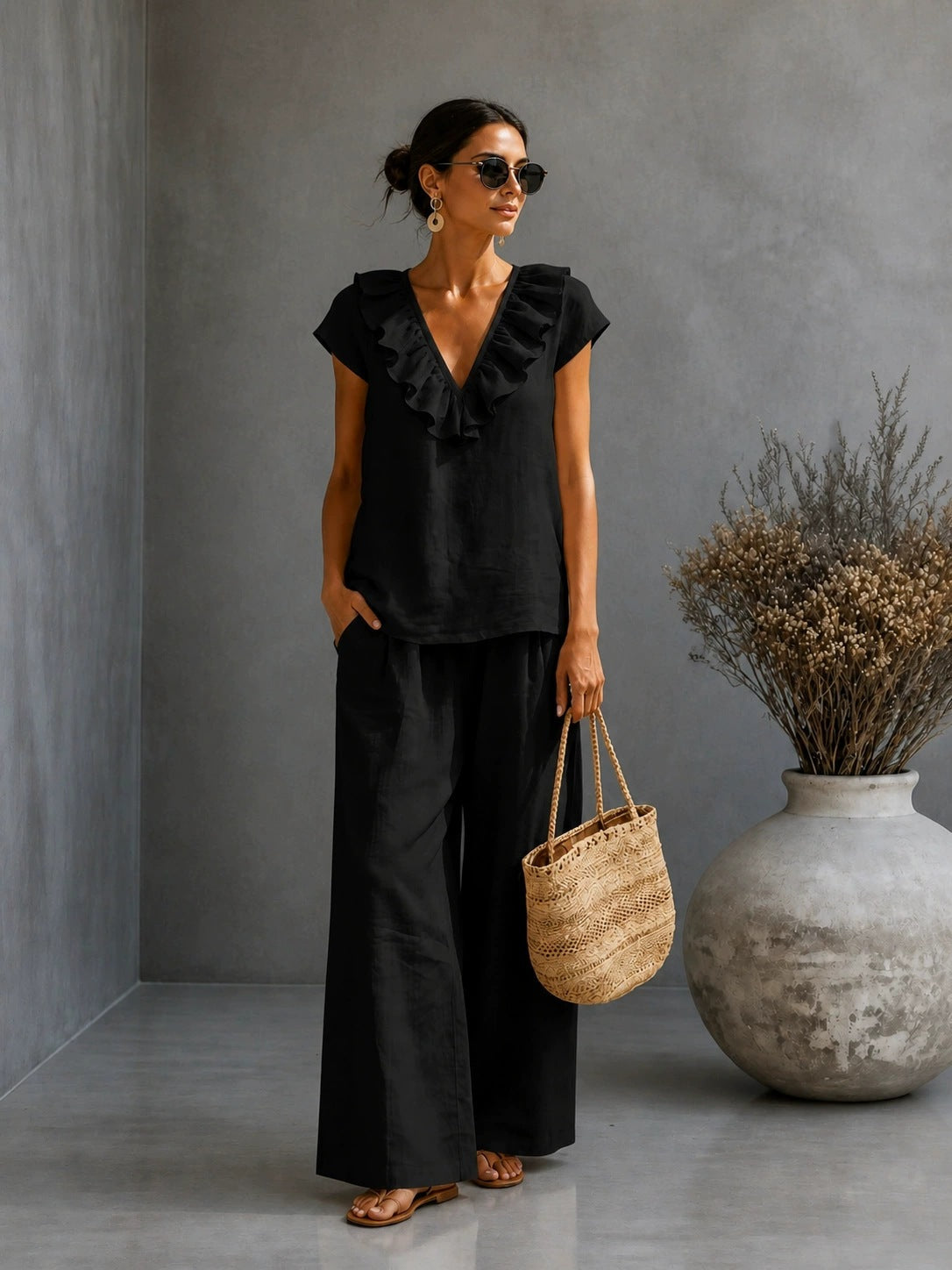 Women's V-neck Ruffled Hem Wide-leg Pants Set 