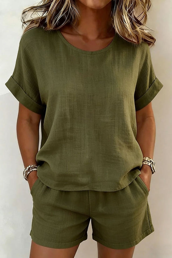 Solid-color Casual Round-neck Short-sleeve Shorts Two-piece Set 