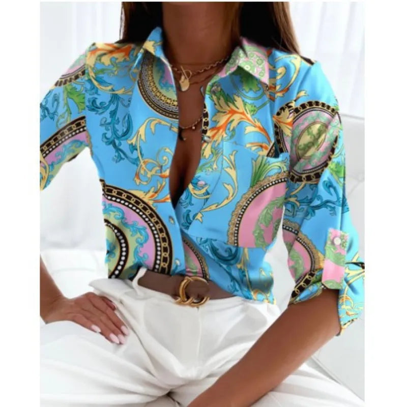 Women’s Printed Long-Sleeve Lapel Shirt | Casual Elegant Blouse 