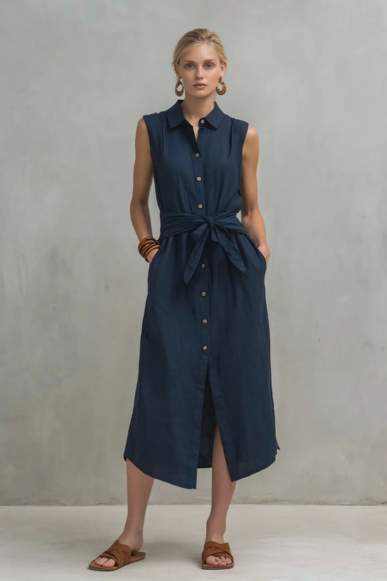 Casual Cotton-Linen Bag-Style Solid-Colored Sleeveless Dress 