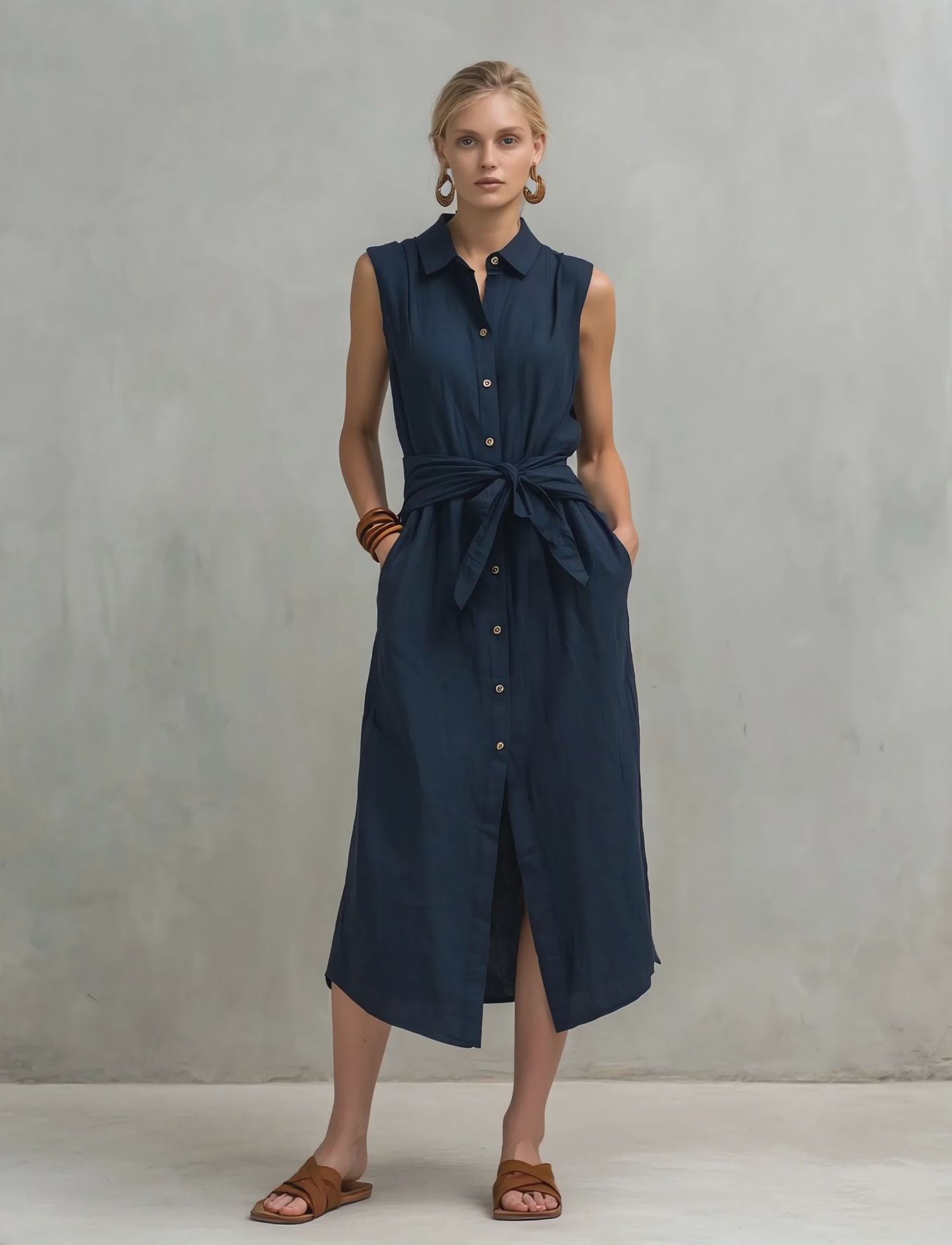 Casual Cotton-Linen Bag-Style Solid-Colored Sleeveless Dress 