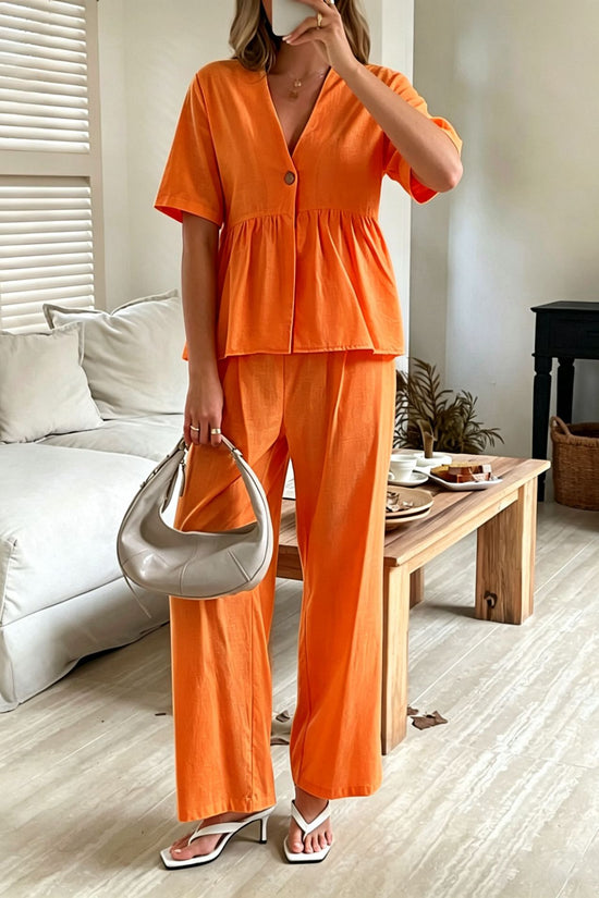 V-neck Loose-fit Short-sleeve Top And Wide-leg Pants Two-piece Set 