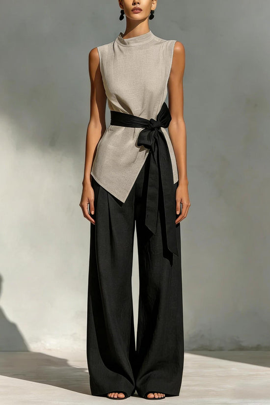 Womens Lace-Up Sleeveless Top And Wide-Leg Pants Two-Piece Set 