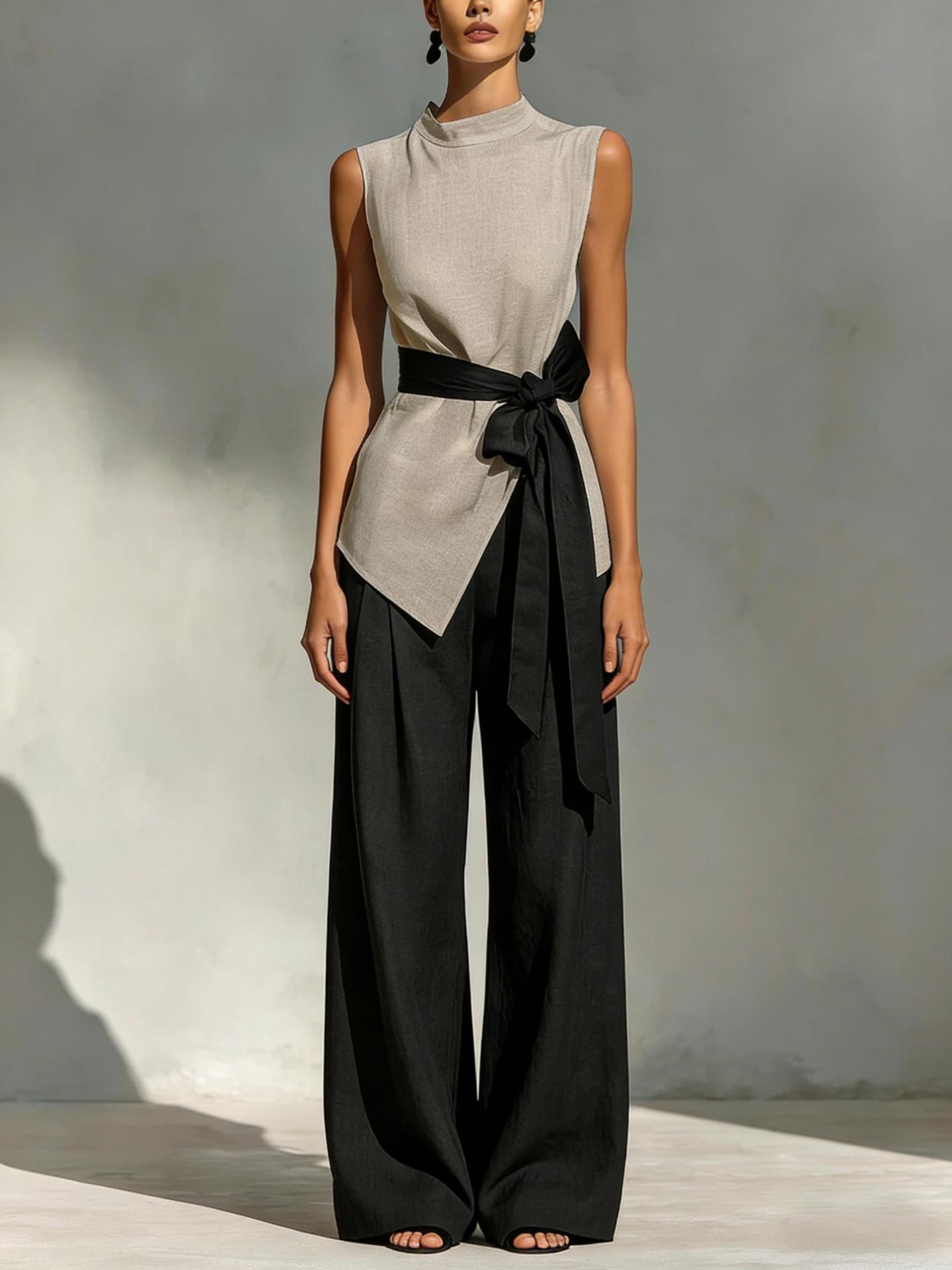 Womens Lace-Up Sleeveless Top And Wide-Leg Pants Two-Piece Set 