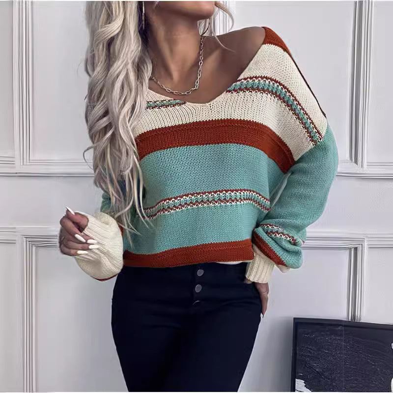 Women's French Vintage Striped Sweater | V-Neck Long Sleeve Stretch Knit 