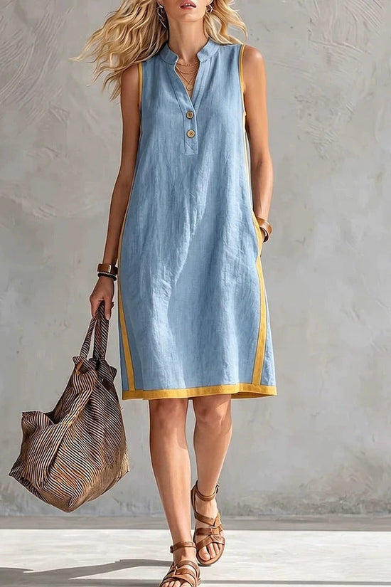 Sleeveless V-neck Pocketed Button Casual Dress 