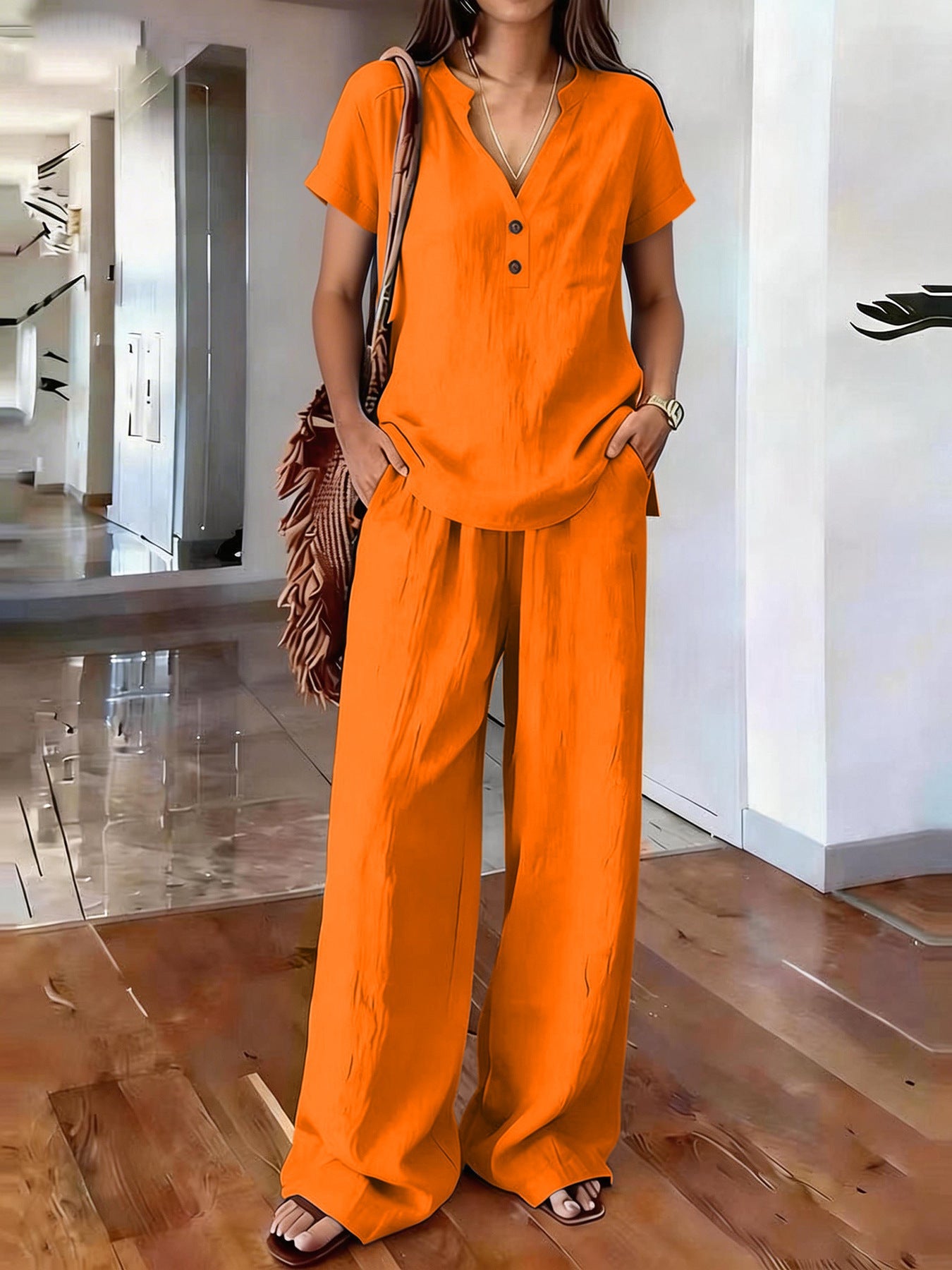 Women's Casual Solid-Colored Cotton And Linen Set 