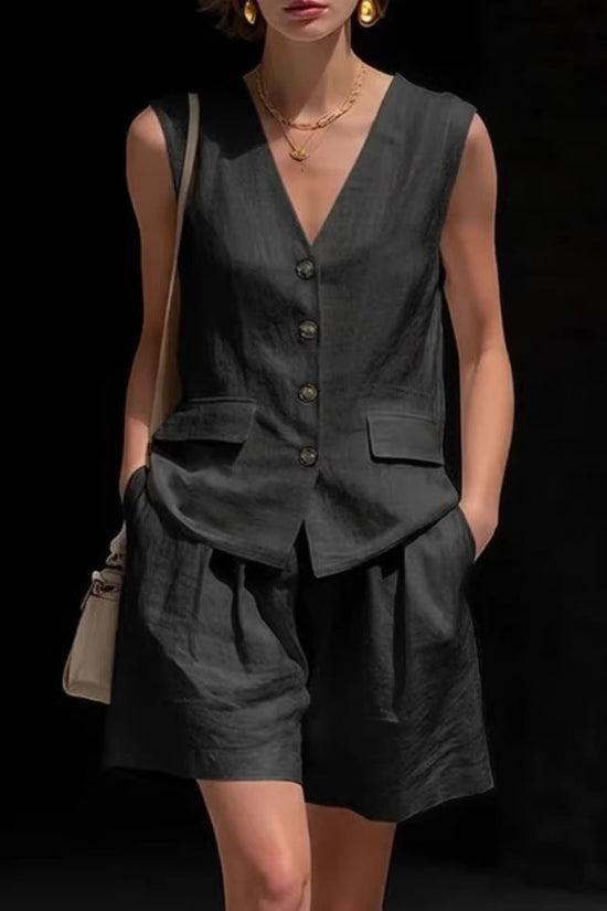 Womens Simple Elegant Cotton-Linen Vest Top And Shorts Two-Piece Set 