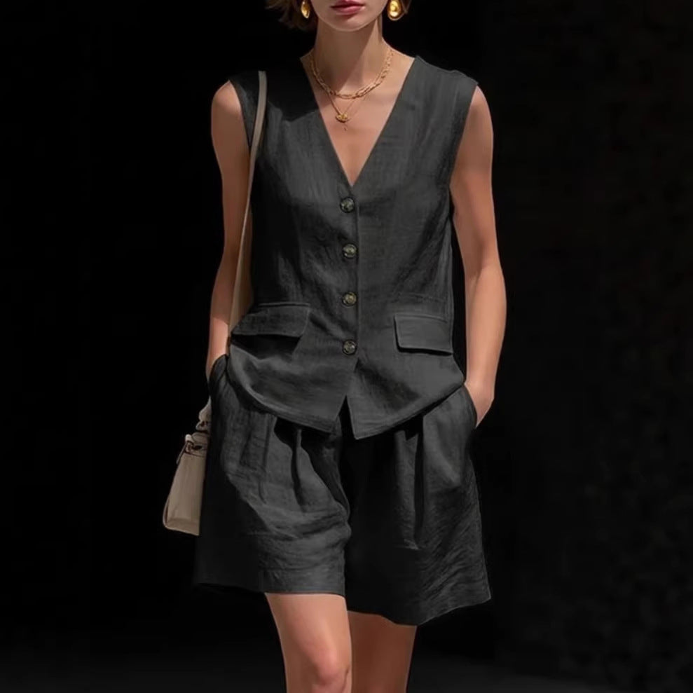 Womens Simple Elegant Cotton-Linen Vest Top And Shorts Two-Piece Set 