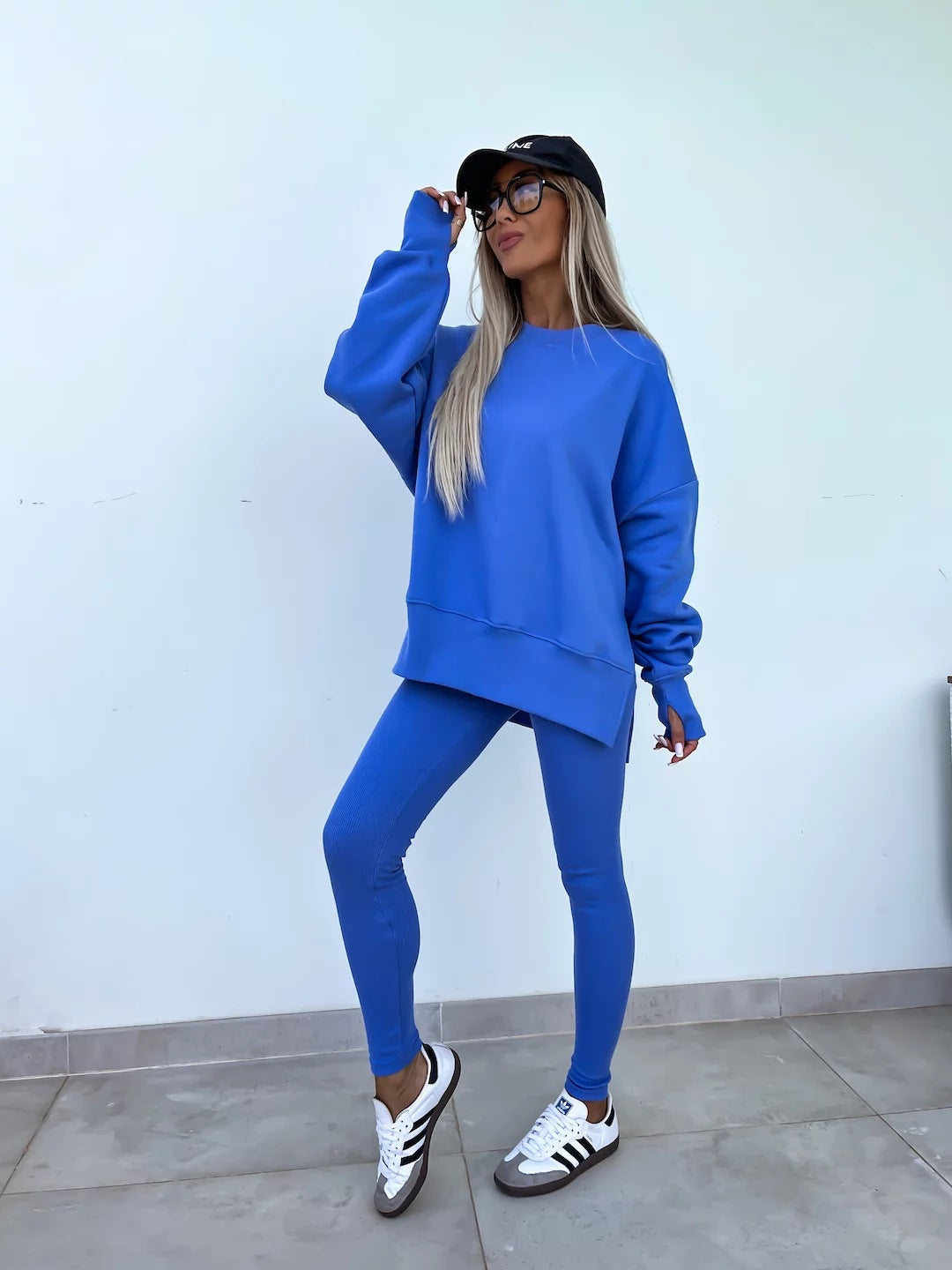 Sweater Suit Women's Casual Loose Long Sleeve Crew Neck Split Top Tight Trousers 