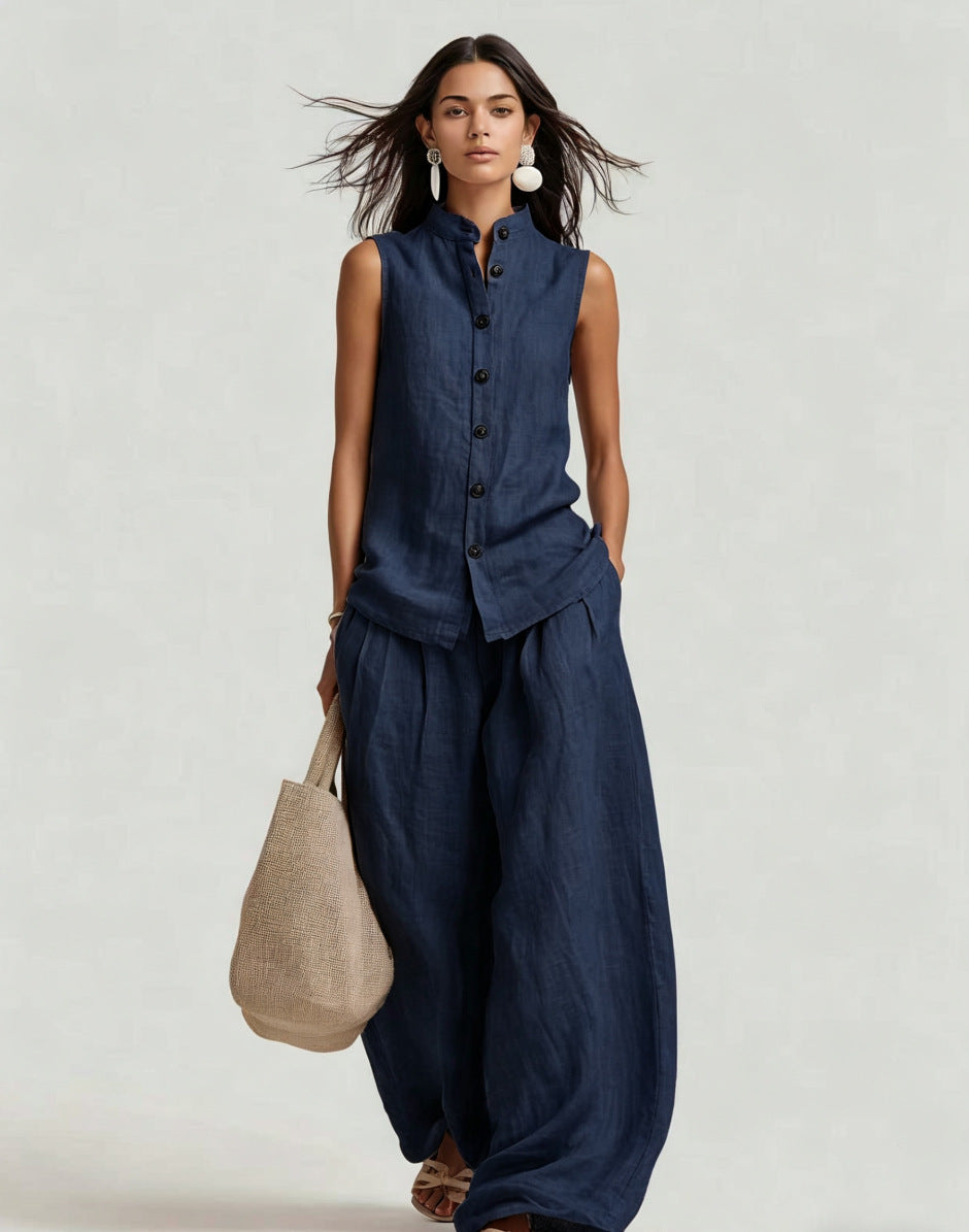 Stand-up Collar Sleeveless Shirt And High-waisted Wide-leg Pants Set 