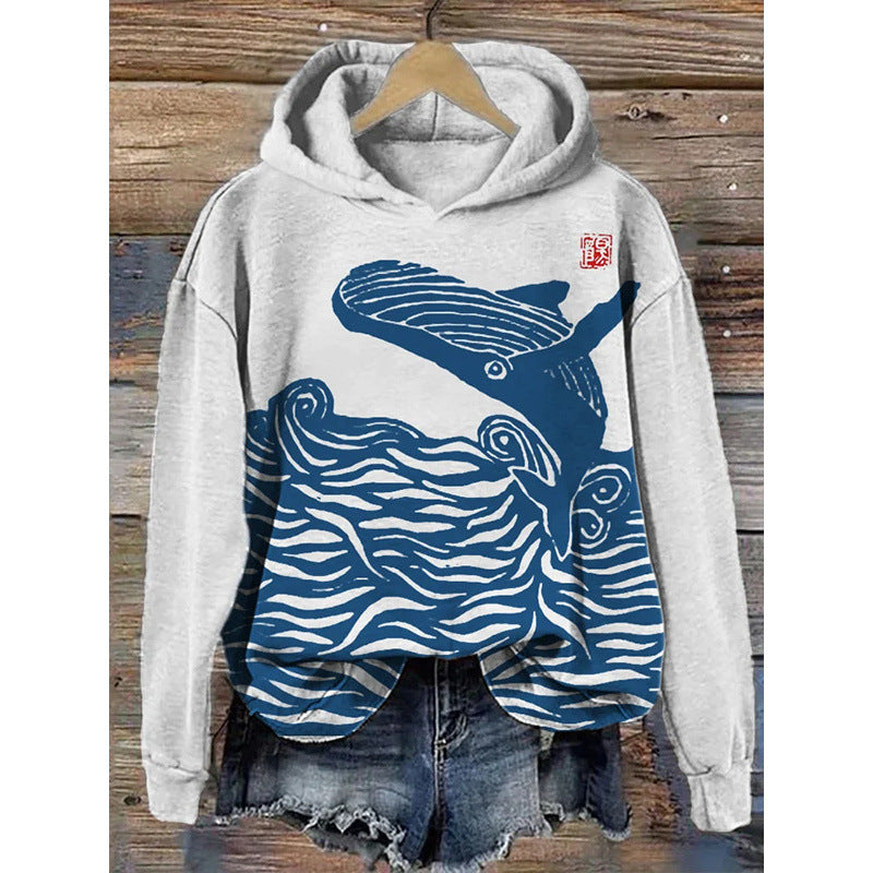 Womens Printed Hooded Long-Sleeve Pullover Sweatshirt 