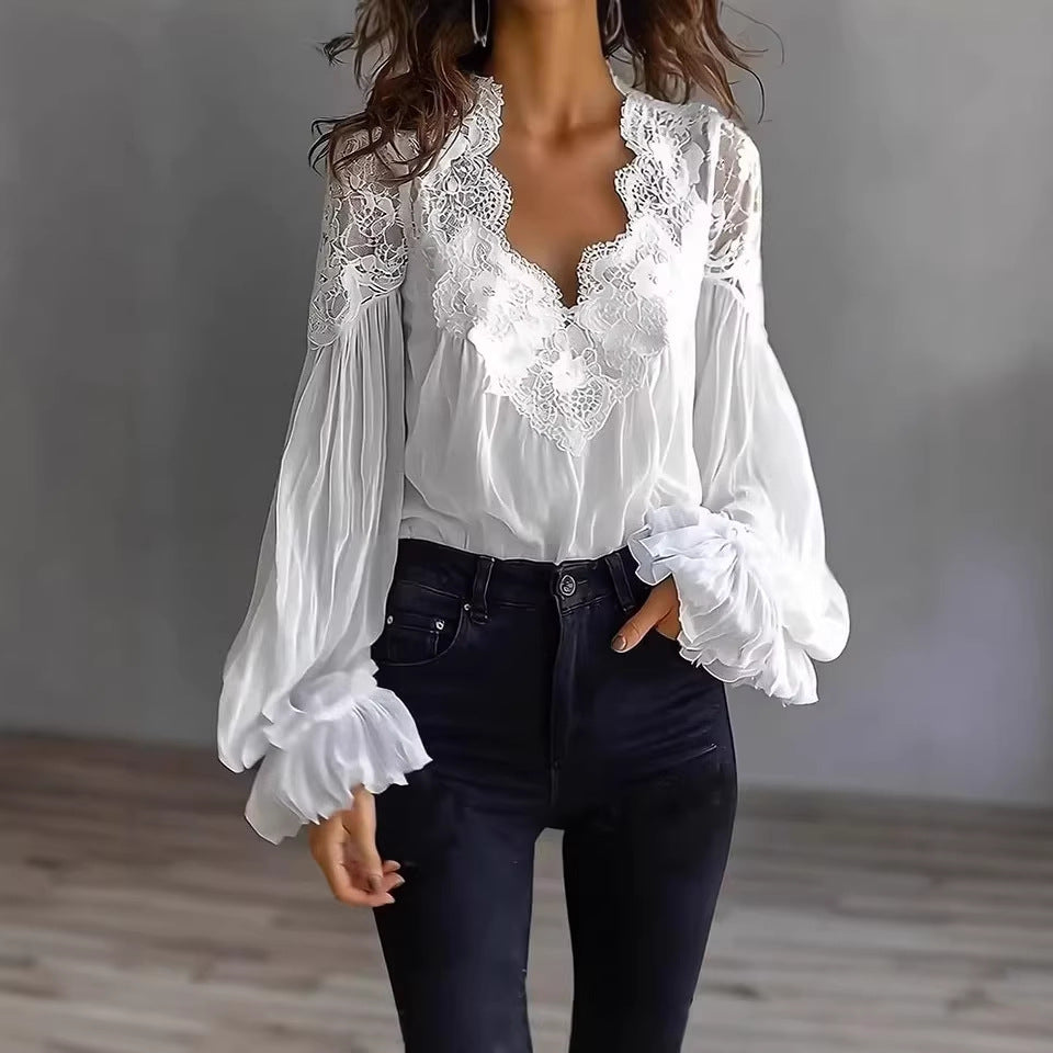 Lace-panelled Ruffled Puff-sleeve Pleated Shirt 