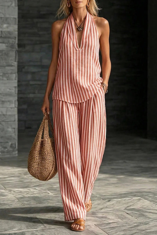 Striped Wide-leg Pants Womens Fashionable Two-piece Set 