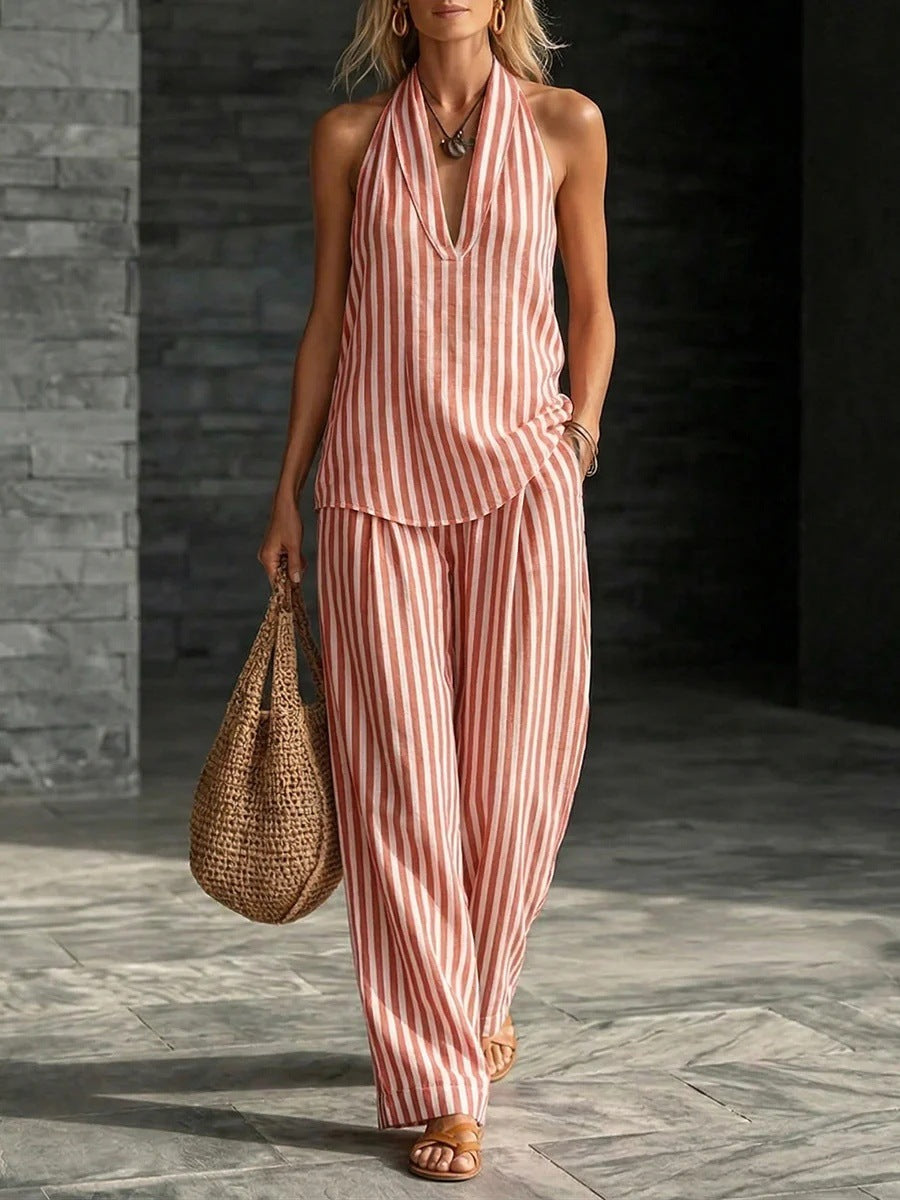 Striped Wide-leg Pants Womens Fashionable Two-piece Set 