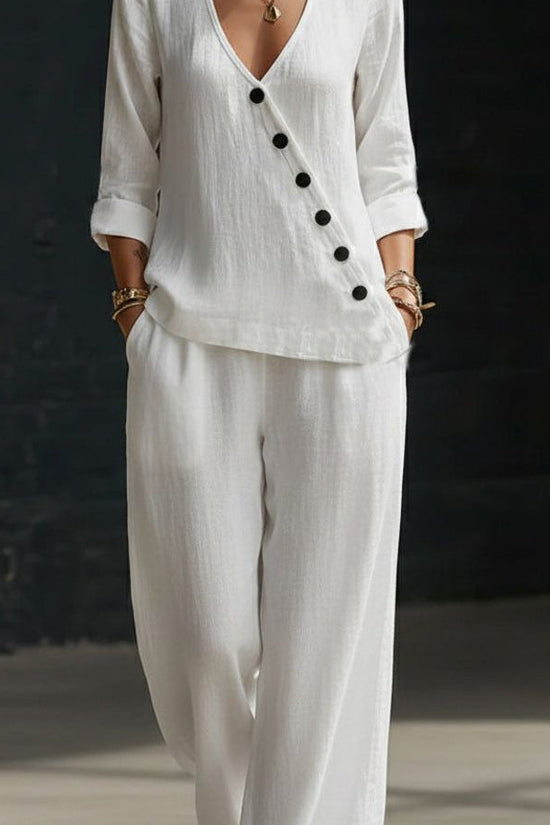 Loose-fitting V-neck Cross-over Shirt And Wide-leg Pants 