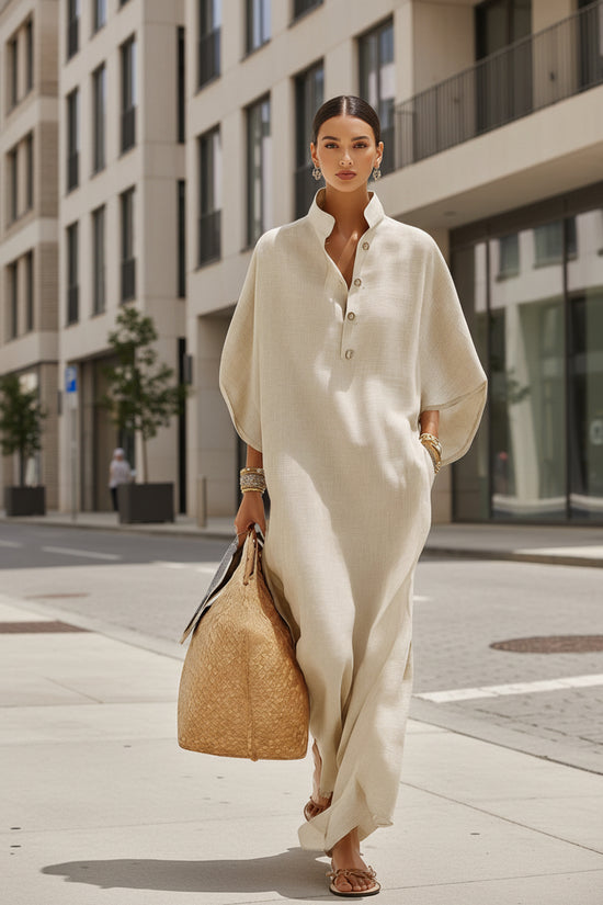 Womens Stand Collar Button-Down Loose Straight Long Dress 