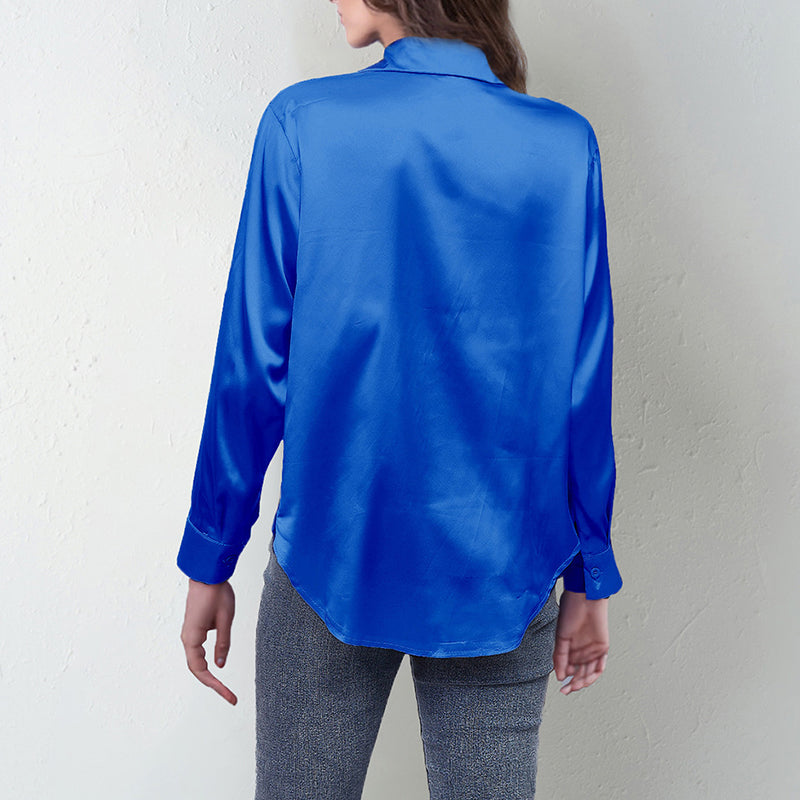 Women's Elegant Satin Lapel Shirt, Long Sleeve Button-Down Blouse For Casual And Office Wear 