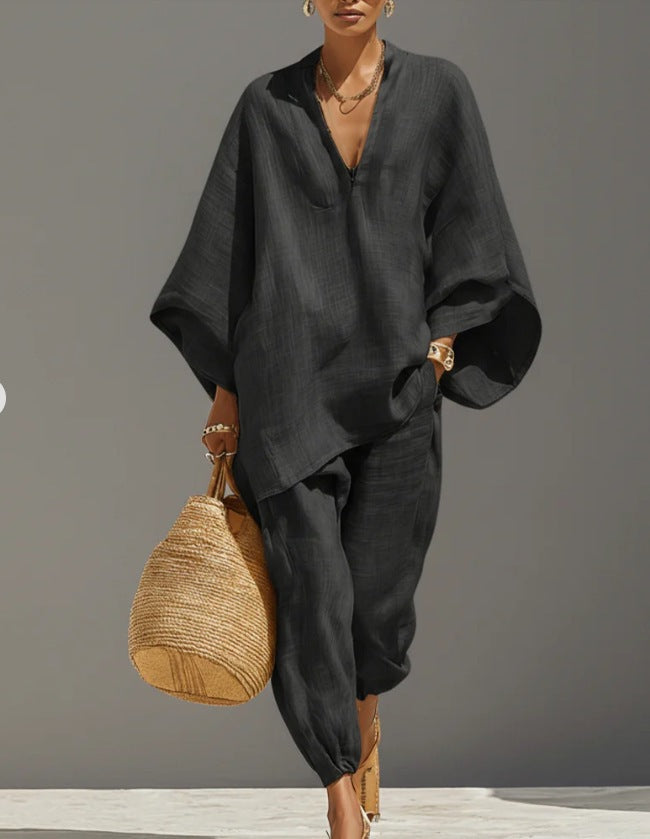Women's Casual Loose Solid Color Shirt Set 