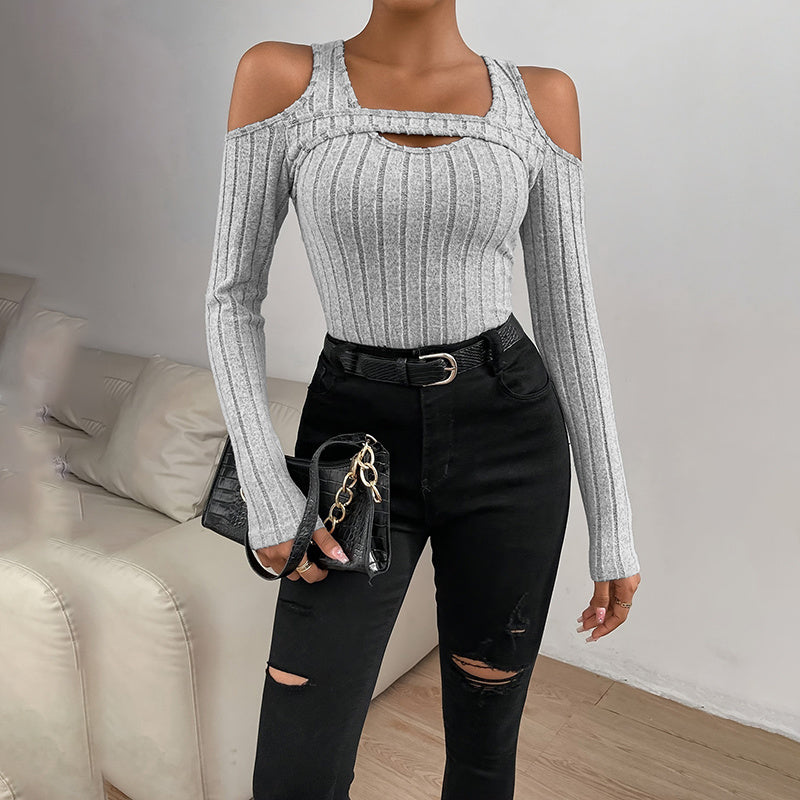 Women's Ribbed Long Sleeve Top Cut Out Front Detail Fitted Sexy Tee Casual Dressy T-Shirt Tops CJ US
