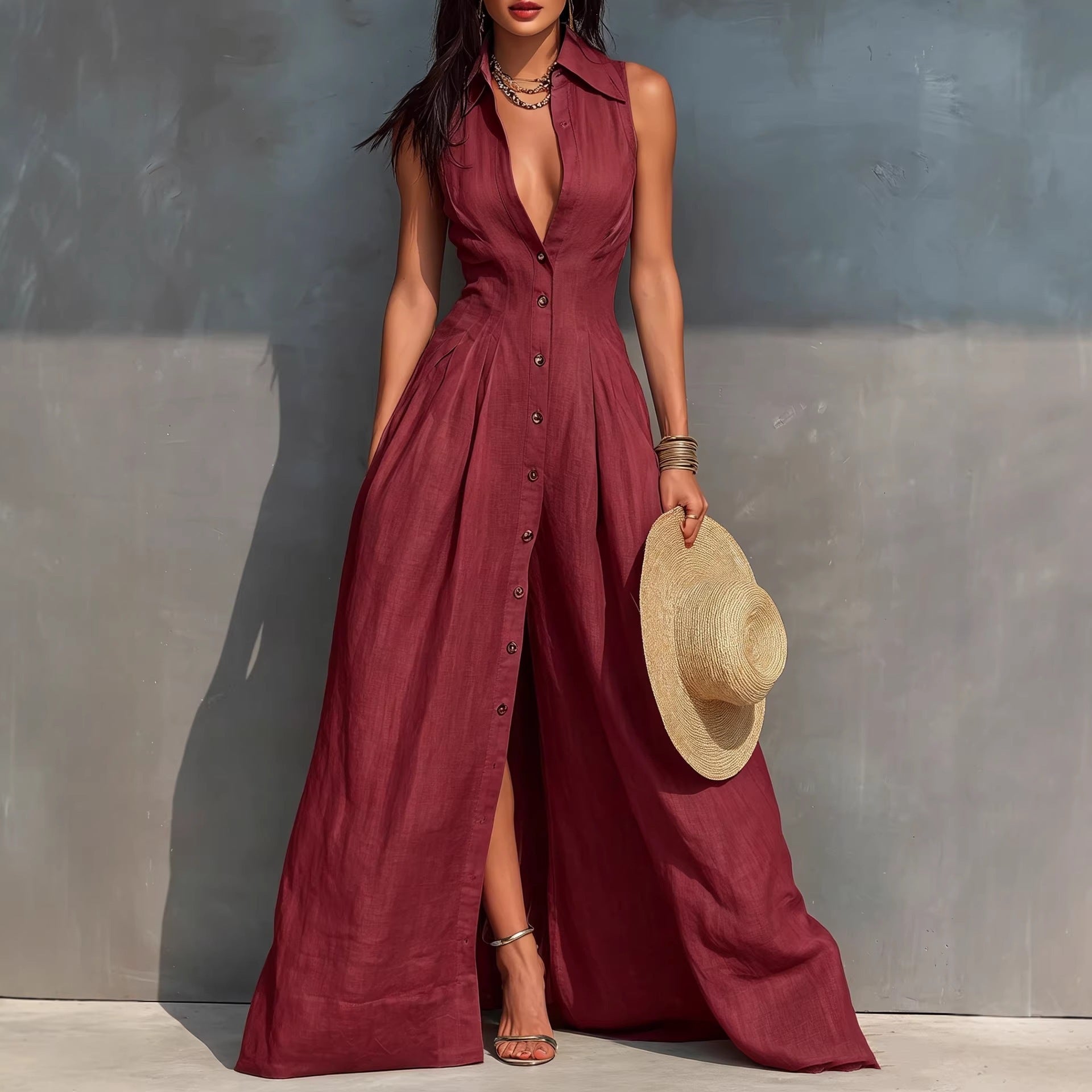 High-waisted Lapel Shirt-style Maxi Dress 