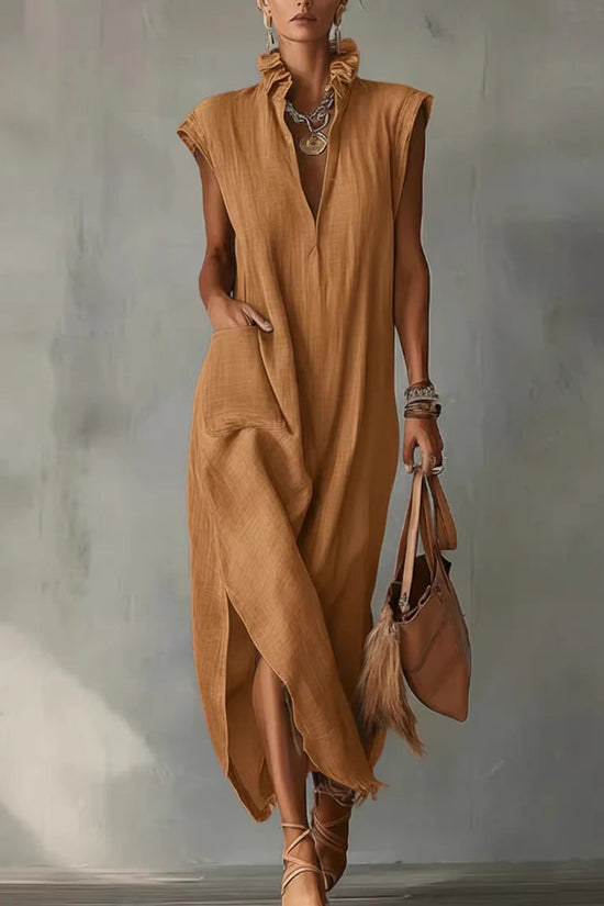 Women's Cotton-Linen Sleeveless Solid-Color Dress 