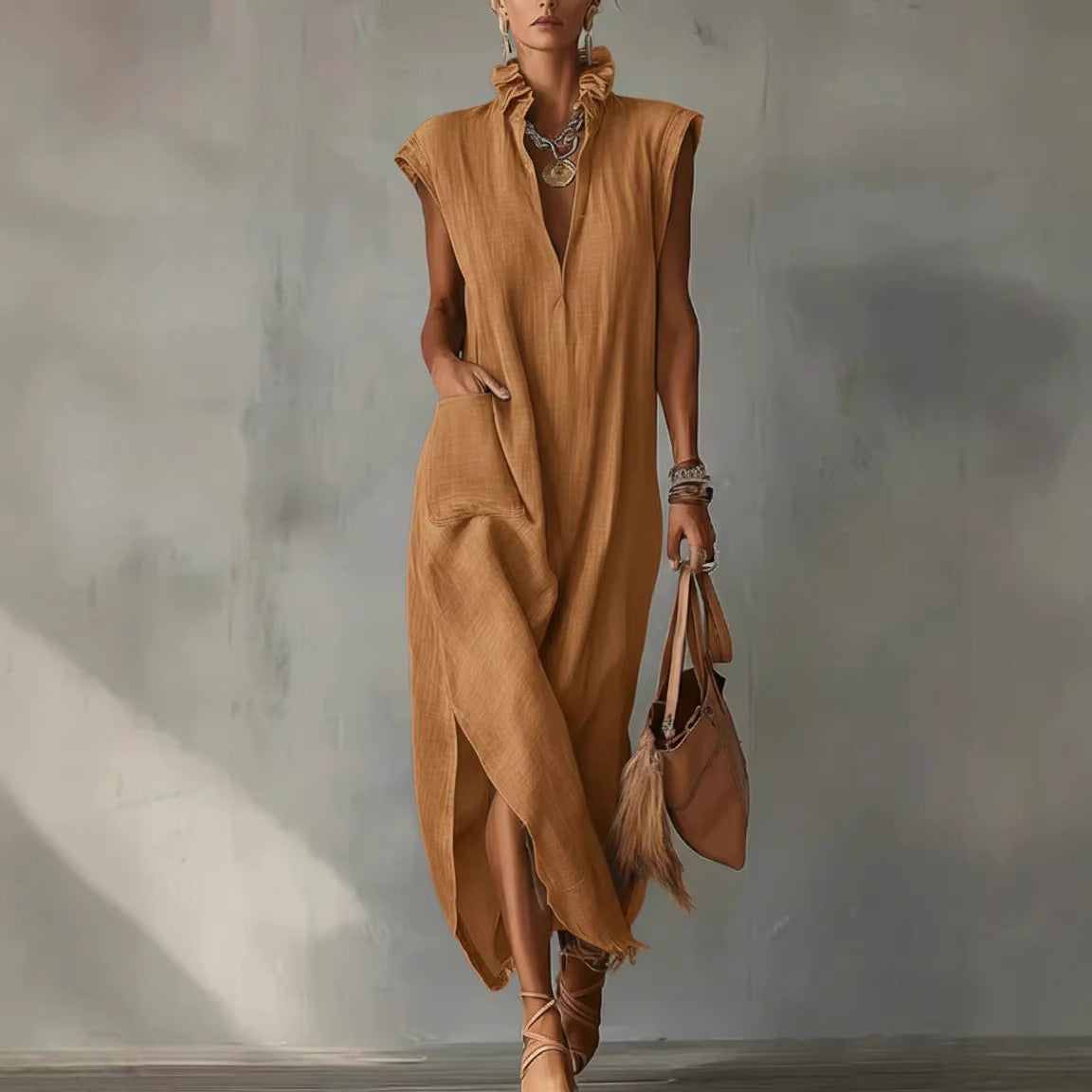 Women's Cotton-Linen Sleeveless Solid-Color Dress 