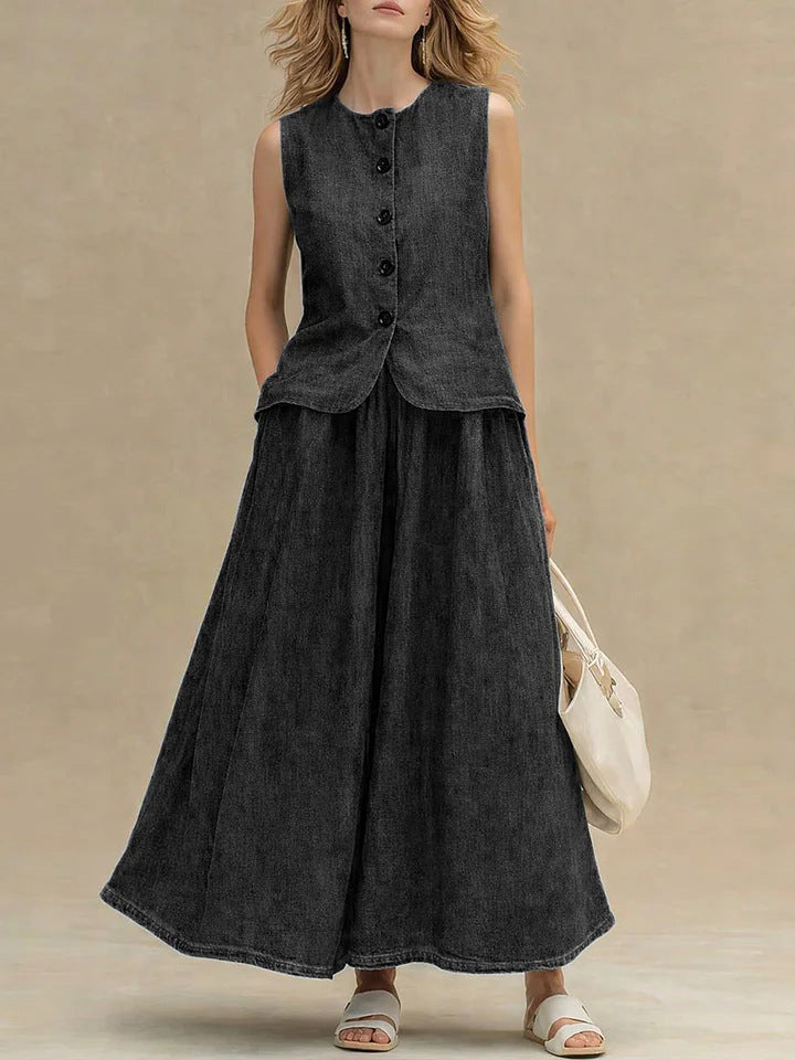 Womens Crew-Neck Denim Top And High-Waist A-Line Skirt Denim Set 