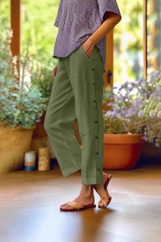 Cropped Pants With Decorative Buttons Along The Side Seams 