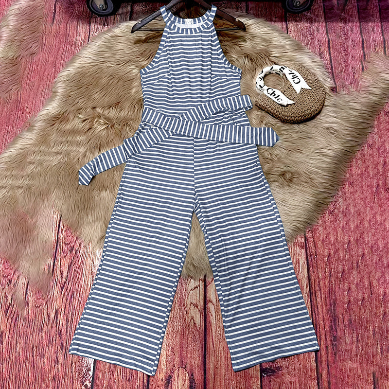 Womens Casual Striped Jumpsuits Summer Cap Sleeve Wide Leg Jumper Romper Button Down Travel Beach Outfits CJ US