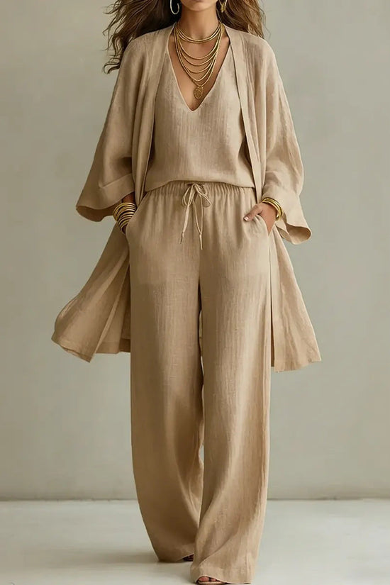 Womens Solid Color V-Neck Cardigan Vest With Pockets And Long Pants Three-Piece Set 