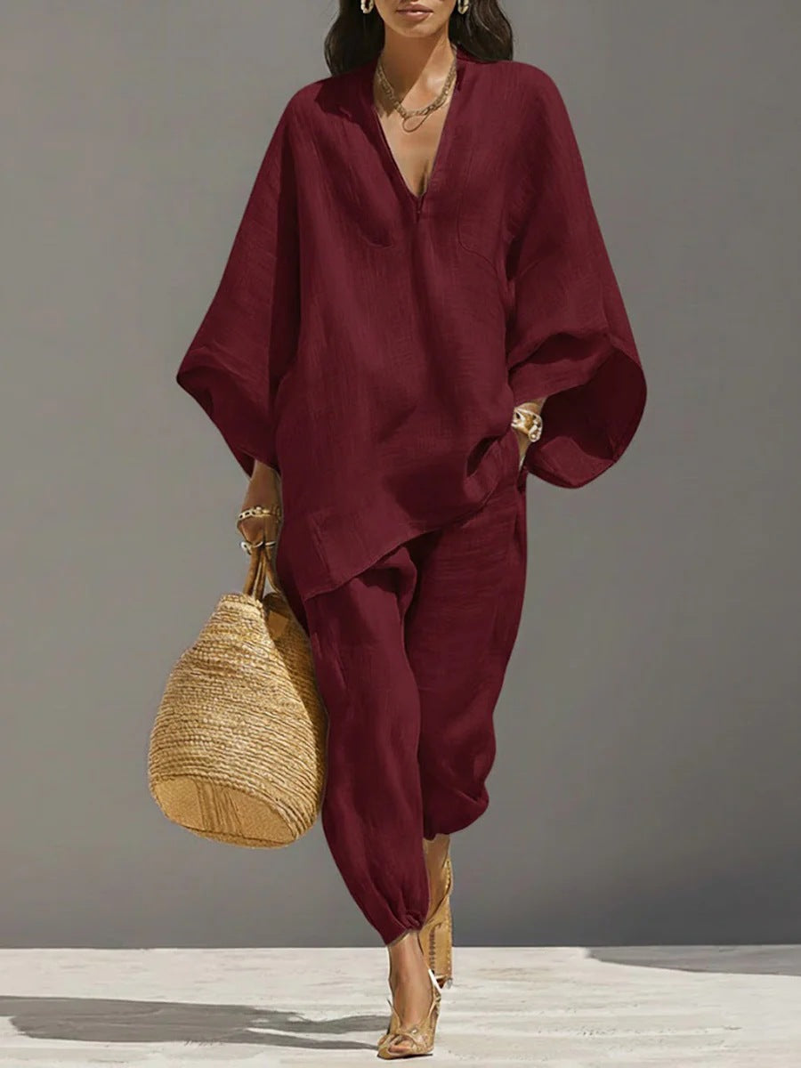 Casual Relaxed Loose-Fitting Solid-Color Shirt Set 