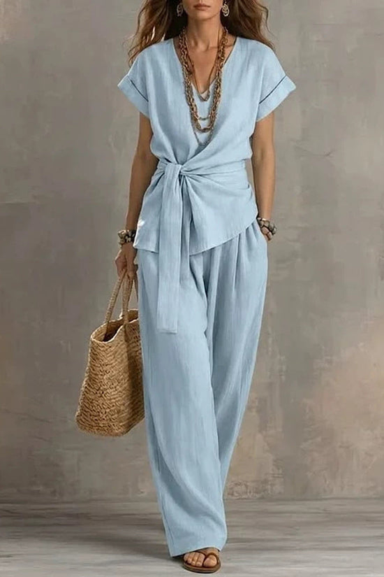 Women's V-neck Pullover Short-Sleeve Pants Set 