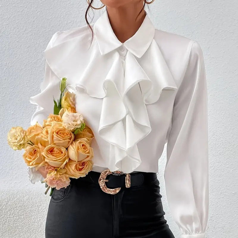 Women's Ruffled Collared Blouse, Long Sleeve Dressy Casual Shirt, Fall Business Casual Work Tops CJ US