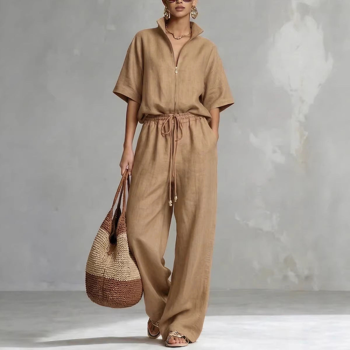 Womens Casual Loose Solid-Color Zip-Up Crew-Neck Wide-Leg Pants Set 