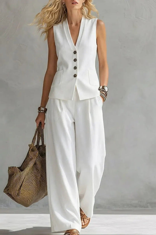 Womens Solid-Colored Sleeveless Casual Linen Tank Top And Pants Set 