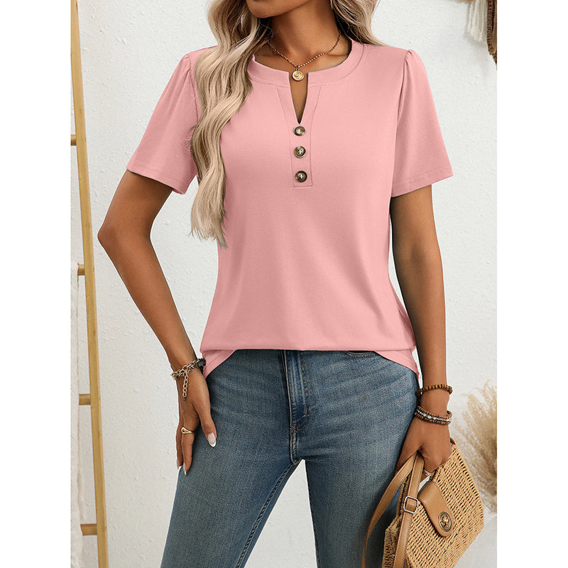 Womens Notch V Neck Shirts Short Sleeve Button T Shirts Summer Dressy Casual Tunic Tops CJ US