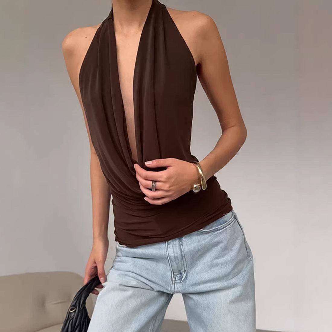 Spring Summer Designer Knitted Backless Boat-Neck Top Womens Clothing 