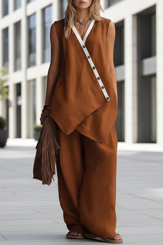 Bohemian Solid-Colored V-Neck Irregular-Button Vest And Wide-Leg Pants Set 