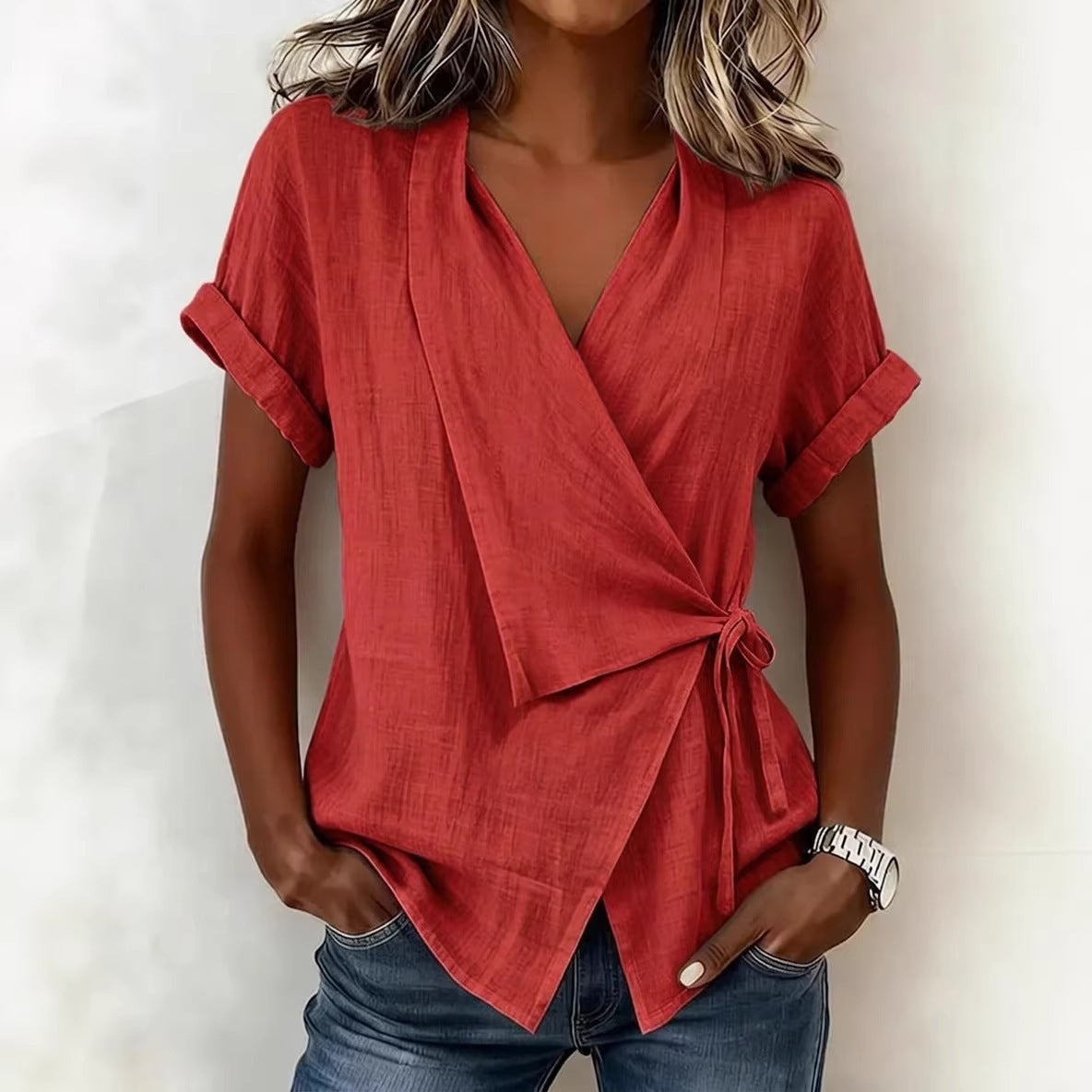 Women's Casual Lapel Collar Lace-Up Short-Sleeve Top 