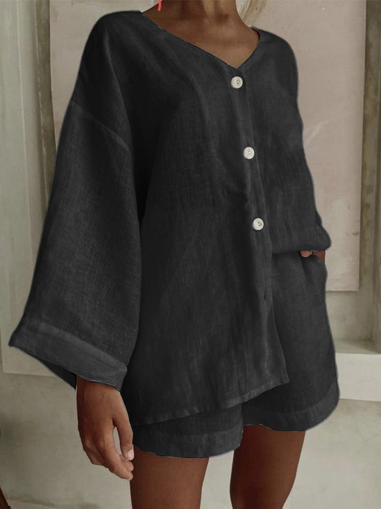 Fashionable Cotton-Linen Shirt And Shorts Casual Set 