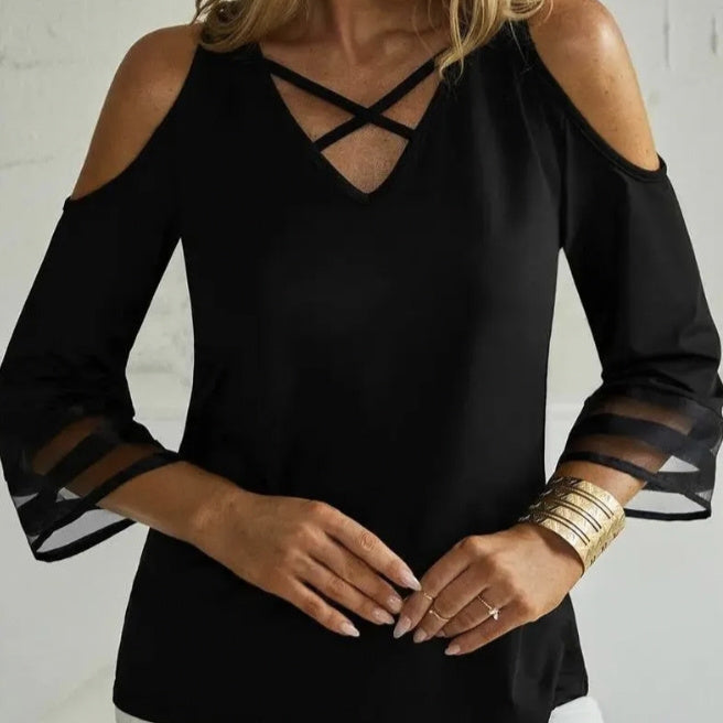 Women’s Off-Shoulder Cross Collar Long Sleeve Top CJ US