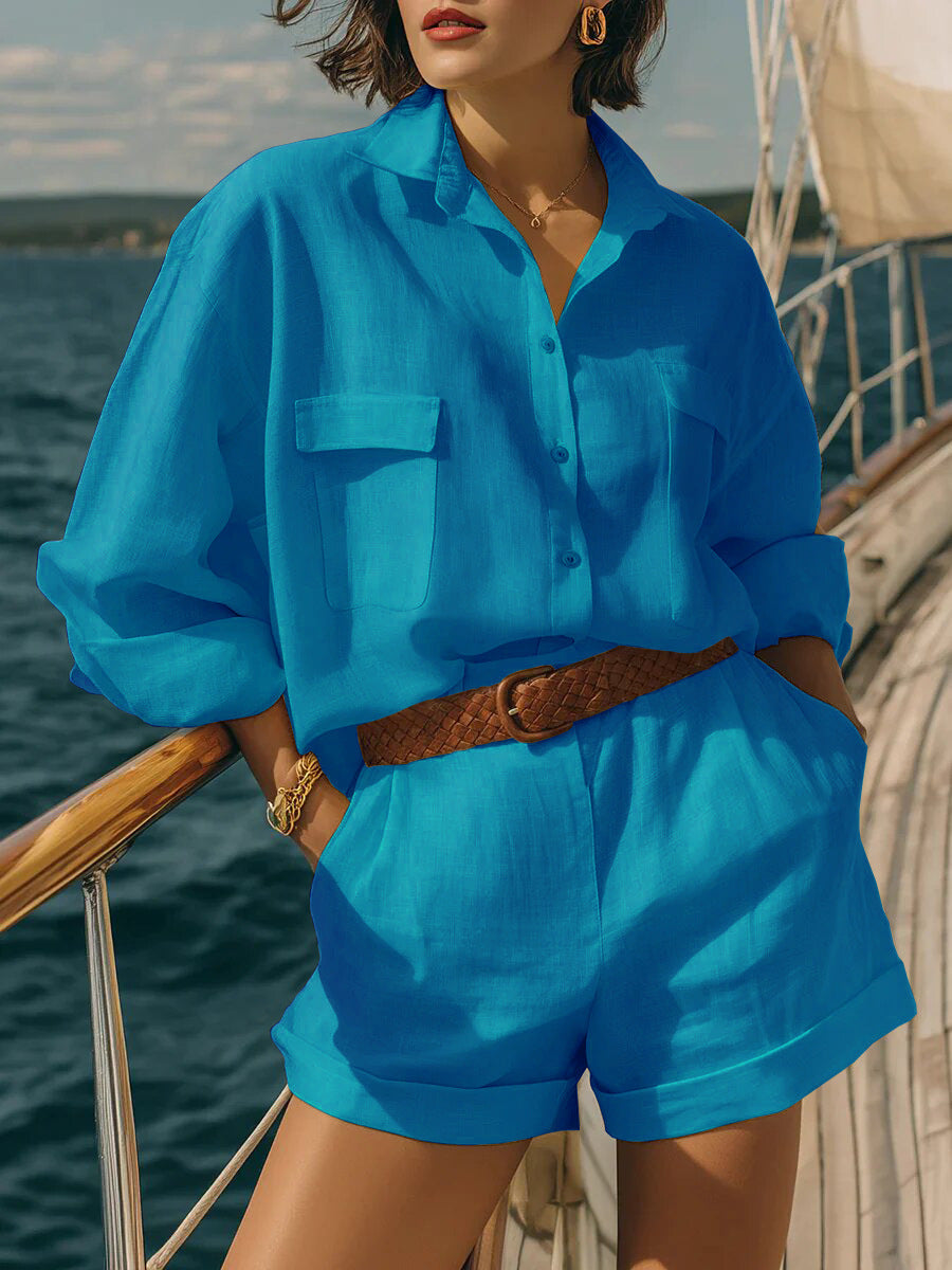 Cotton-linen Loose-fit Button-down Shirt And Shorts Fashion Casual Set 