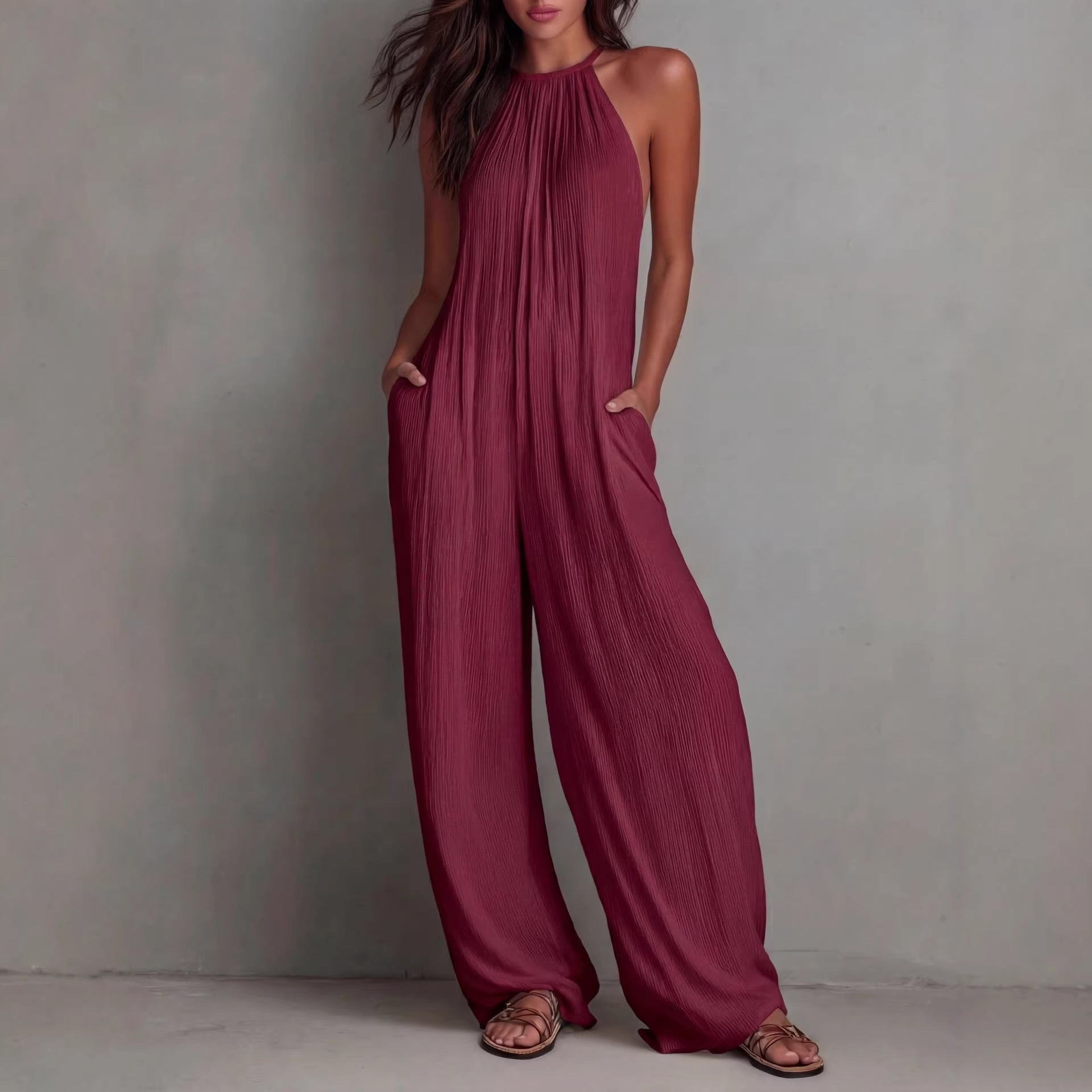 Resort-style White Pleated Open-back Wide-leg Jumpsuit 