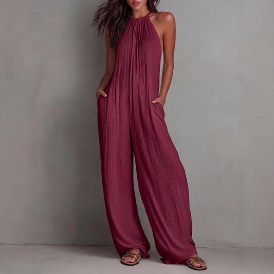 Resort-style White Pleated Open-back Wide-leg Jumpsuit 