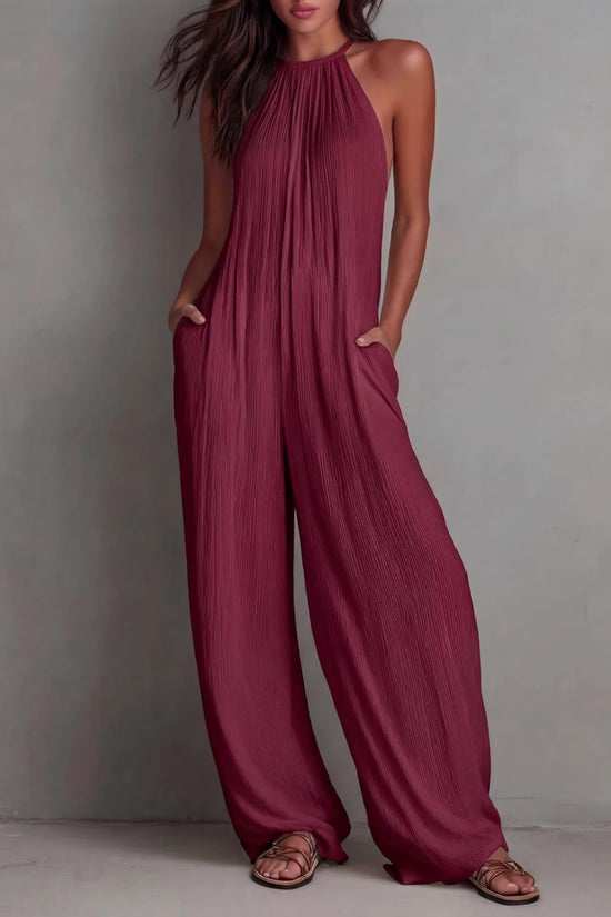 Resort-style White Pleated Open-back Wide-leg Jumpsuit 