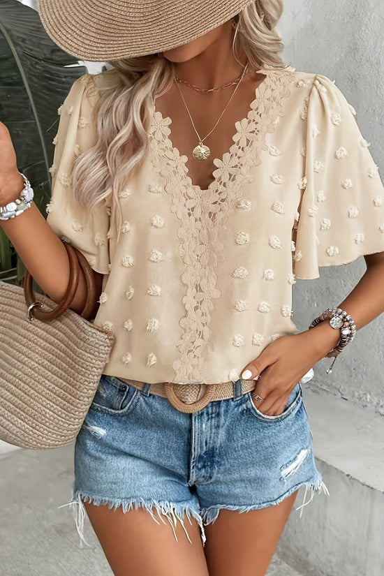 Women's V-Neck Lace-trimmed Short-sleeve Casual Top 