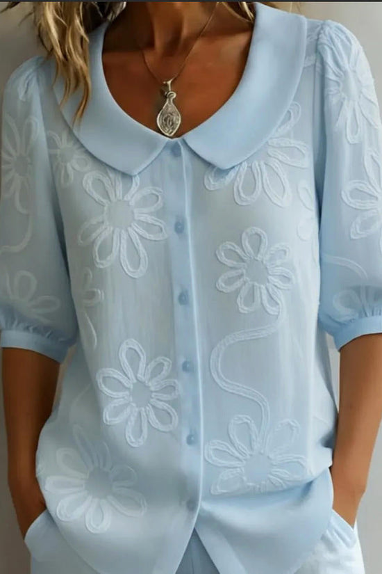 Loose-fit Retro Buttoned 3D Embroidered Floral Shirt 