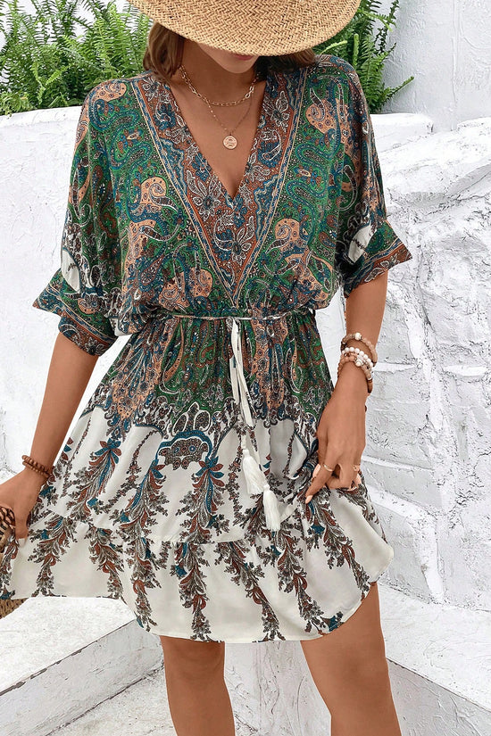 Paisley Print Batwing Sleeve Tassel Tie Front Ruffle Hem Dress CJ US