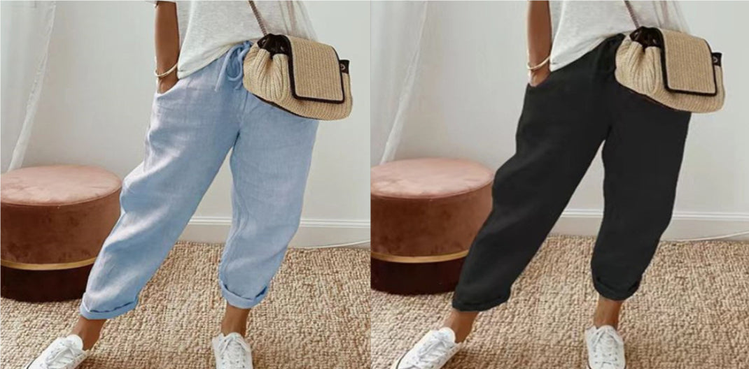 Women's Fashion Cotton Linen Solid Color Casual Pants 